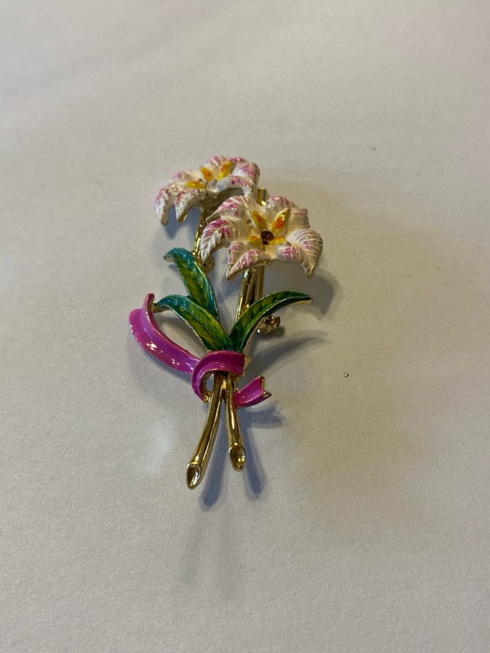 Floral Enamel Lily Bouquet Brooch - Pink & Green